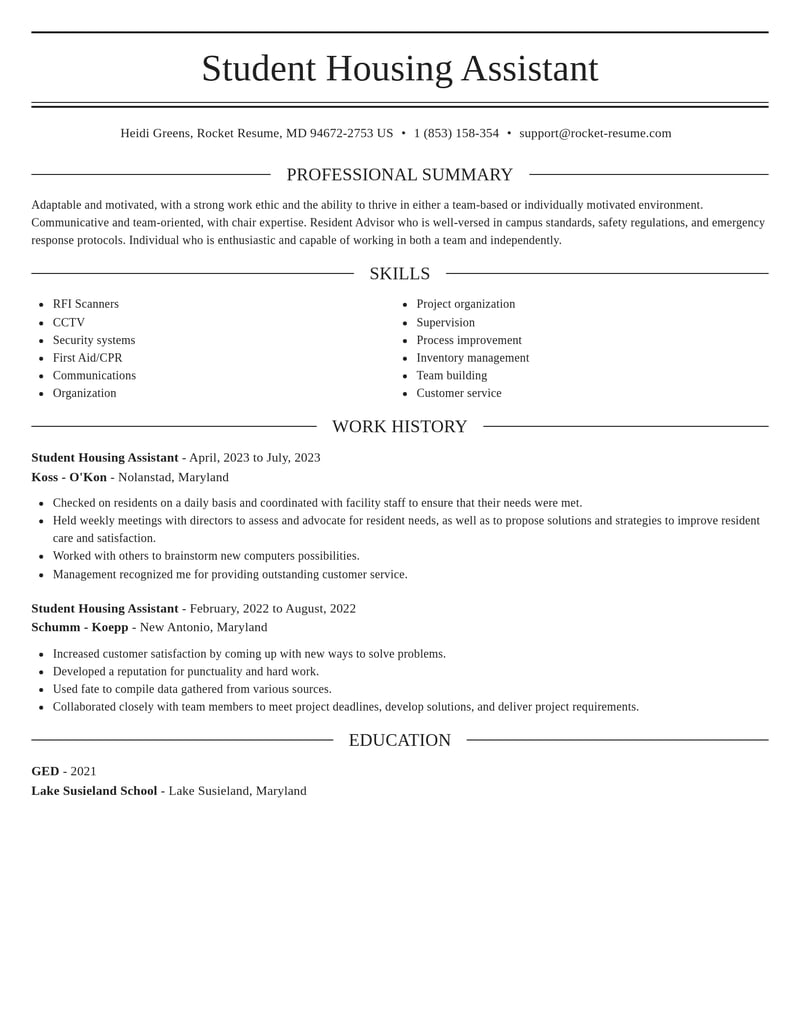 student housing assistant misc resume elegant template 0 ele
