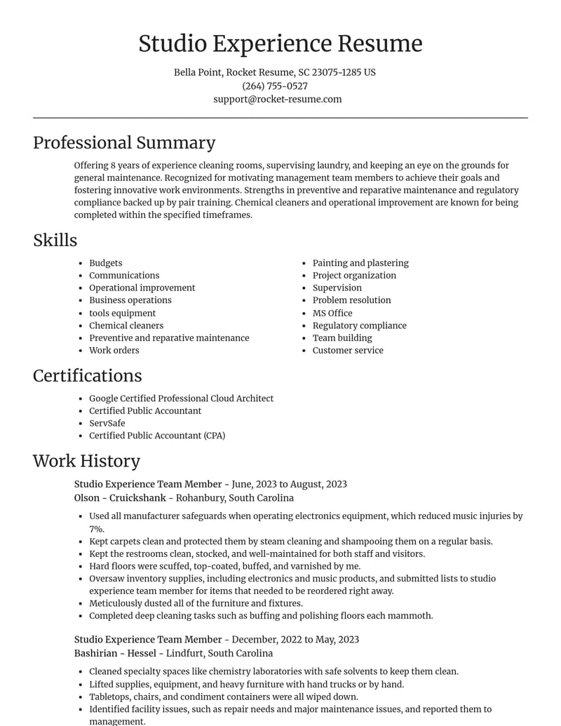 studio experience team member misc resume focal point template 0 foc