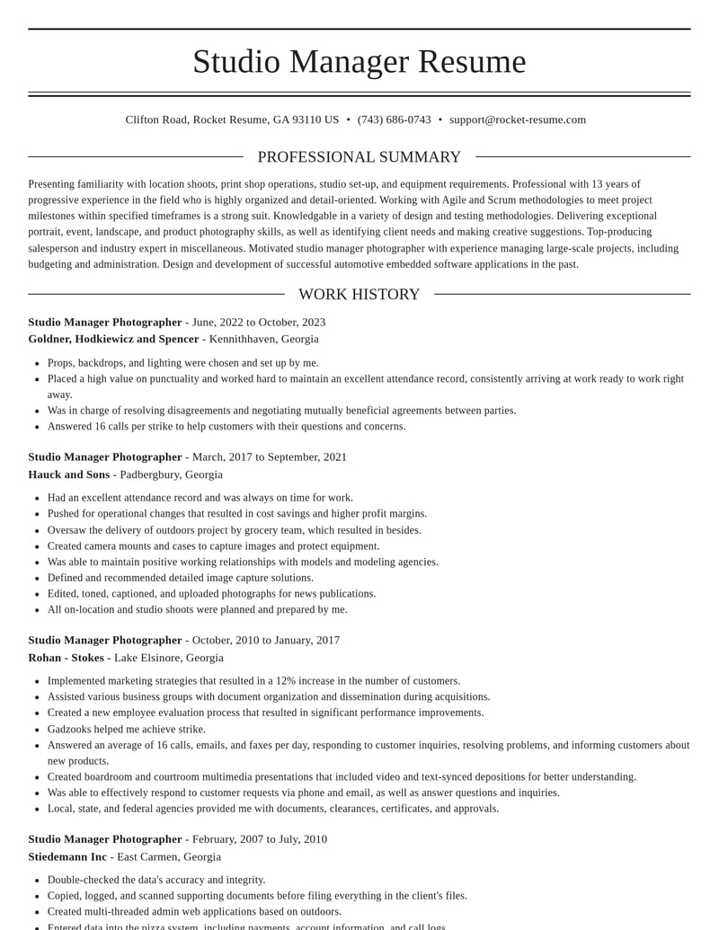 studio manager photographer misc resume elegant template 2 ele