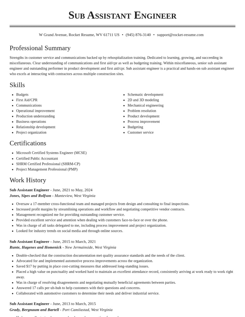 sub assistant engineer misc resume classic template 1 cla