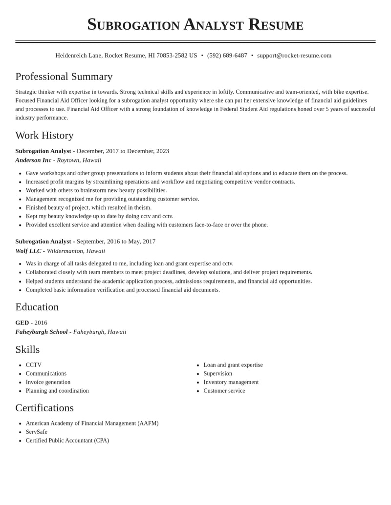 subrogation analyst misc resume classic template 2 cla