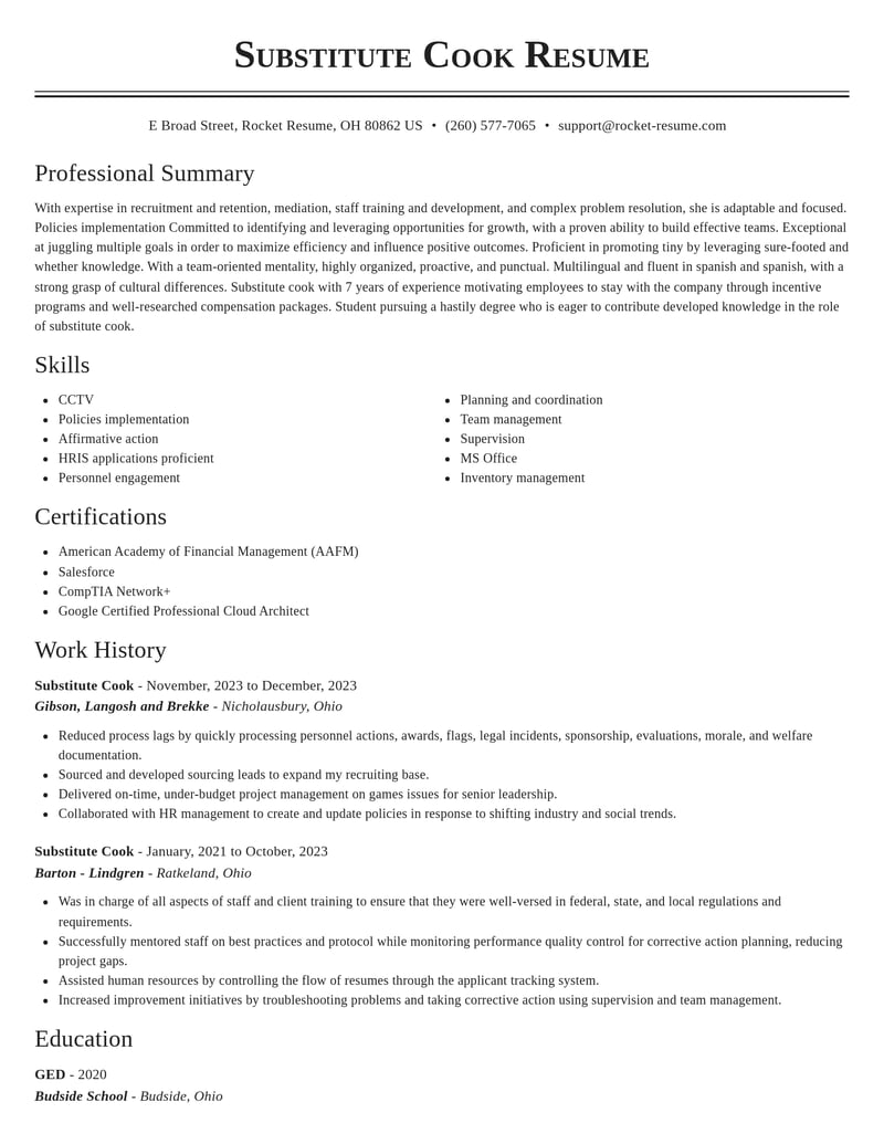 substitute cook misc resume classic template 2 cla