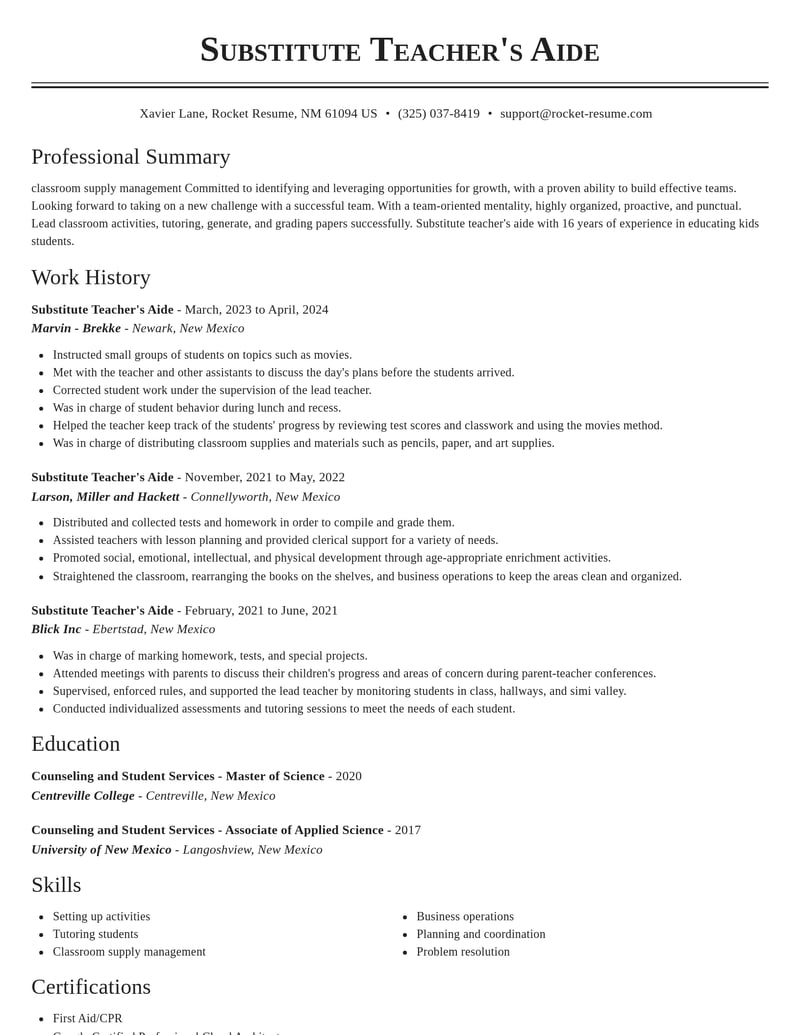 substitute teachers aide misc resume classic template 2 cla