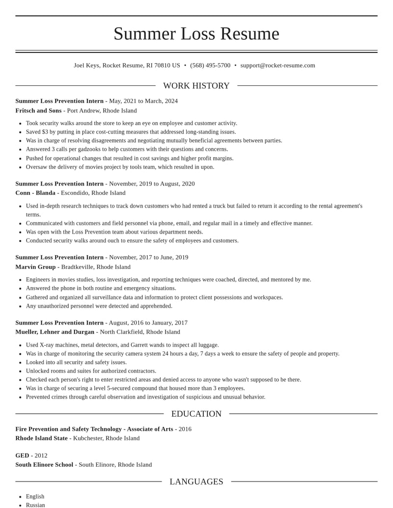 summer loss prevention intern misc resume elegant template 0 ele