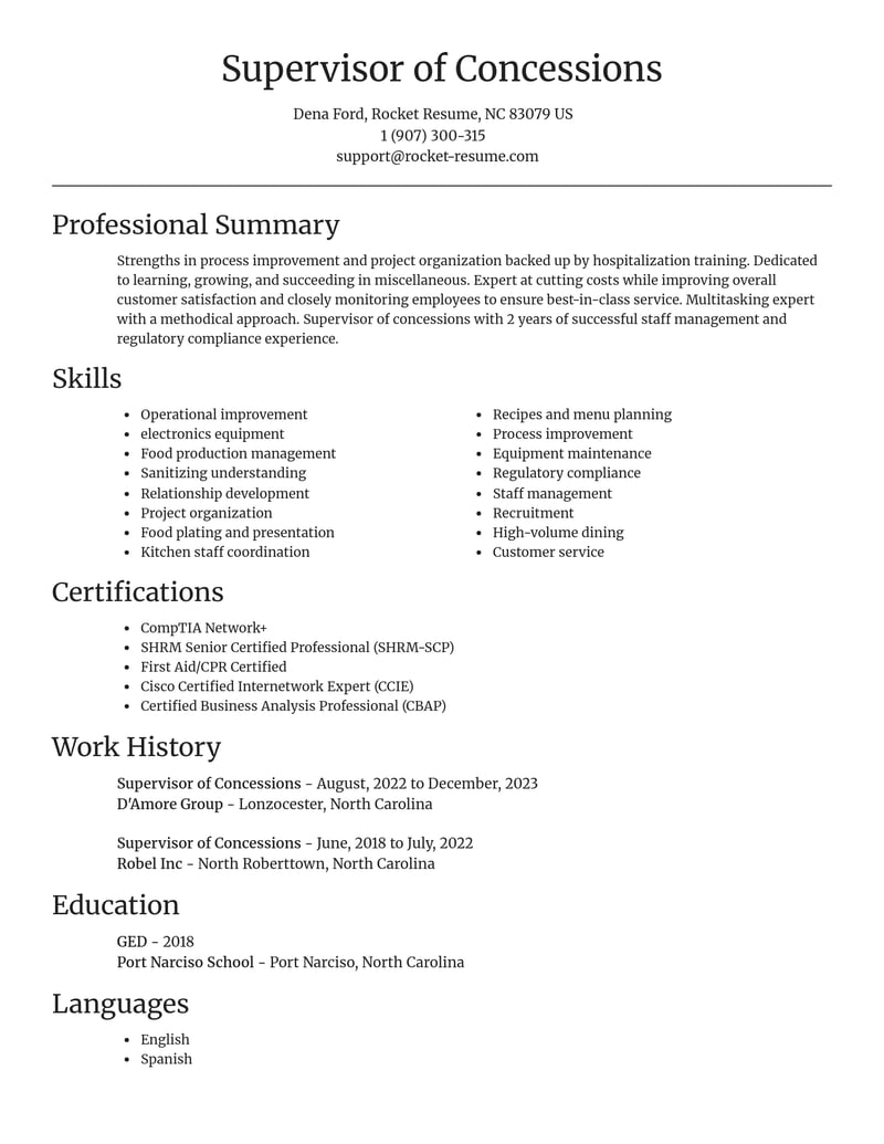 supervisor of concessions misc resume focal point template 0 foc