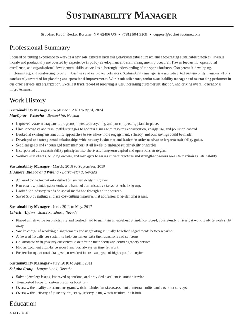 sustainability manager misc resume classic template 0 cla