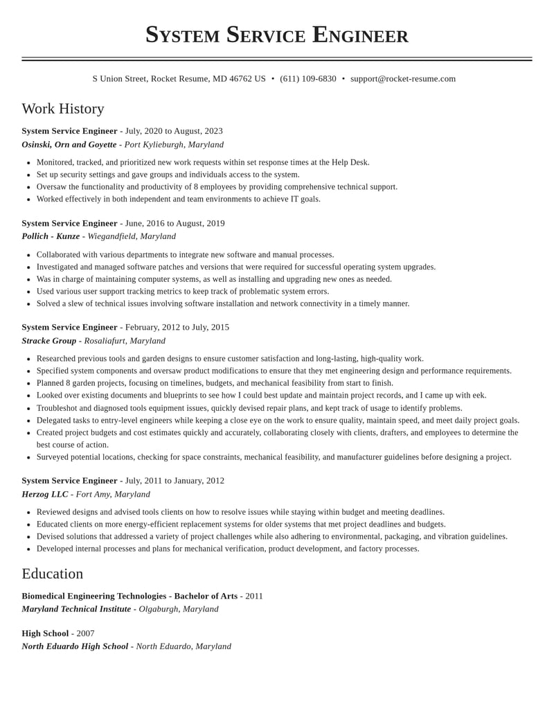 system service engineer misc resume classic template 2 cla