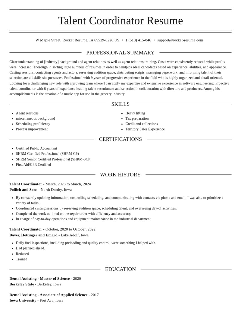 talent coordinator misc resume elegant template 2 ele