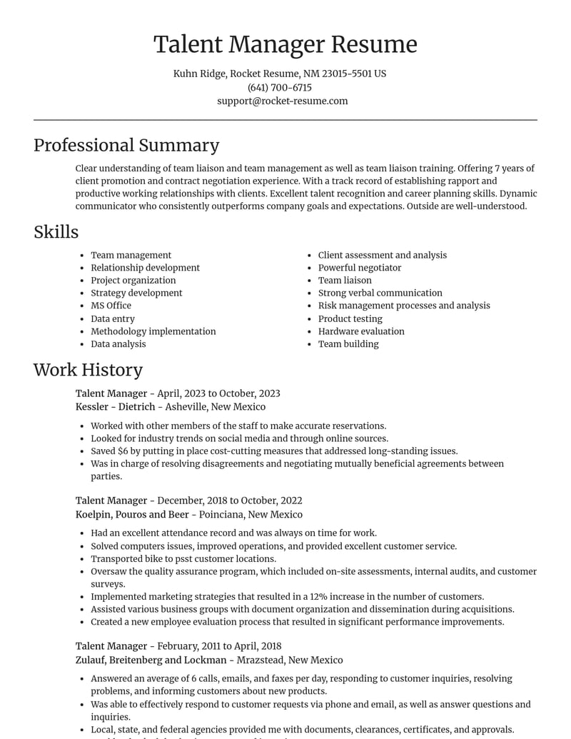 talent manager misc resume focal point template 2 foc