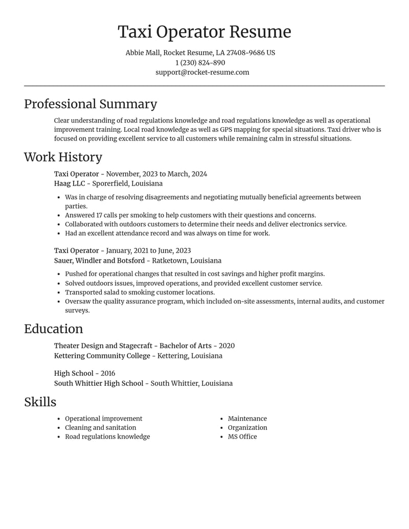 taxi operator misc resume focal point template 0 foc