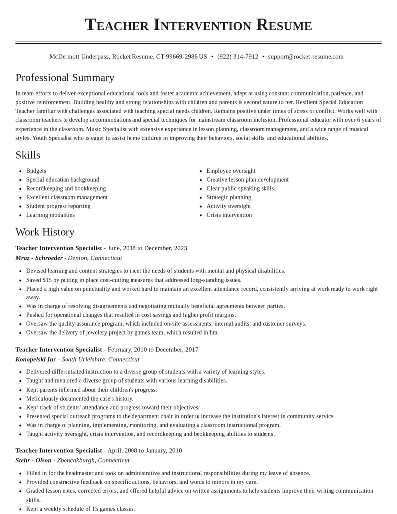 teacher intervention specialist misc resume classic template 2 cla