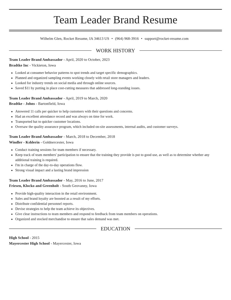 team leader brand ambassador misc resume elegant template 0 ele