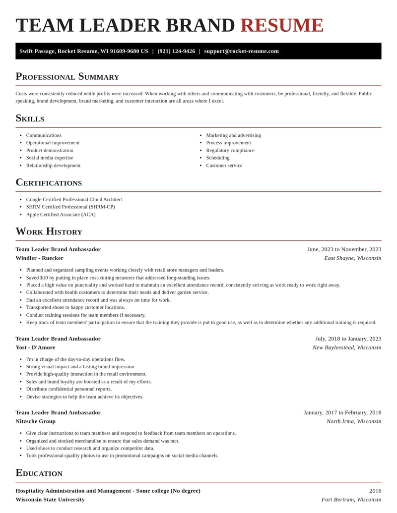 team leader brand ambassador misc resume exquisite template 2 exq