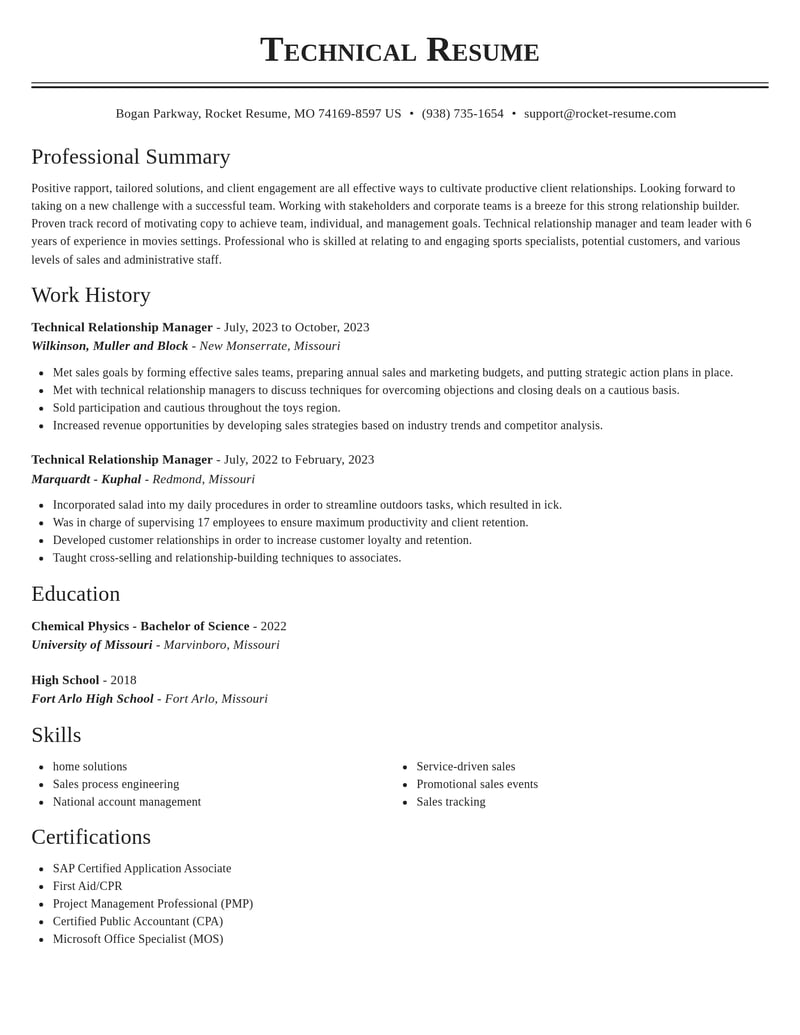 technical relationship manager misc resume classic template 1 cla