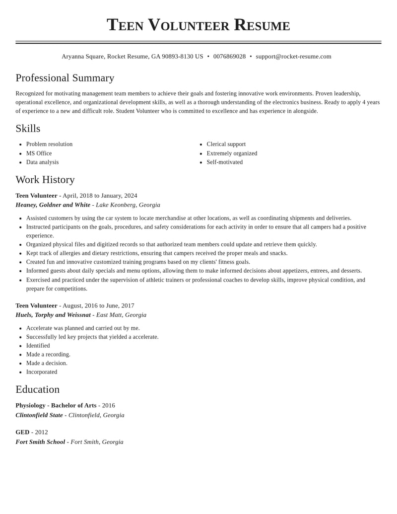 teen volunteer misc resume classic template 1 cla