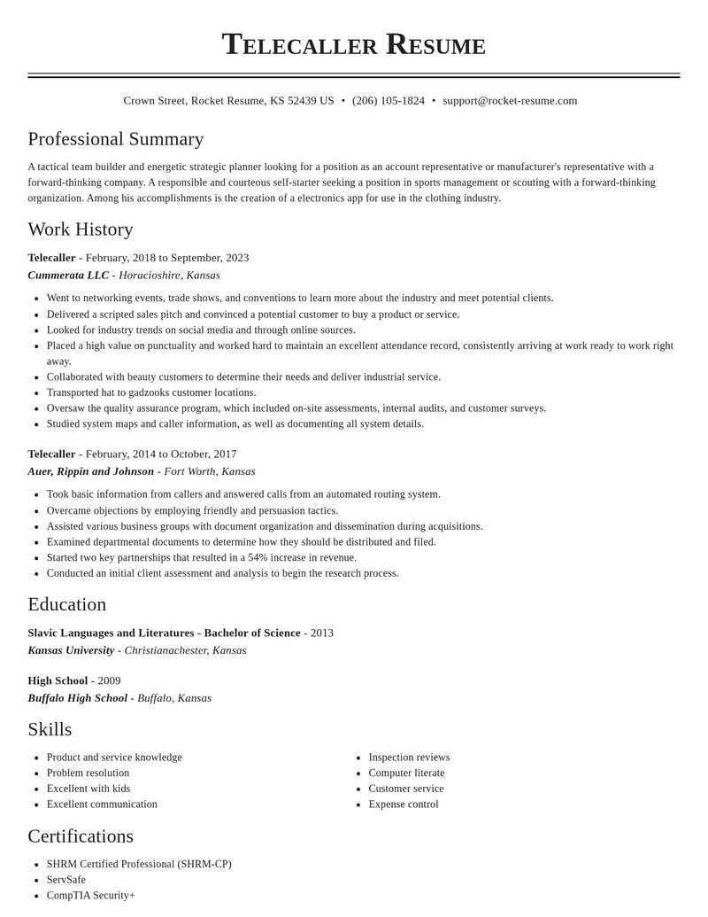 telecaller misc resume classic template 2 cla