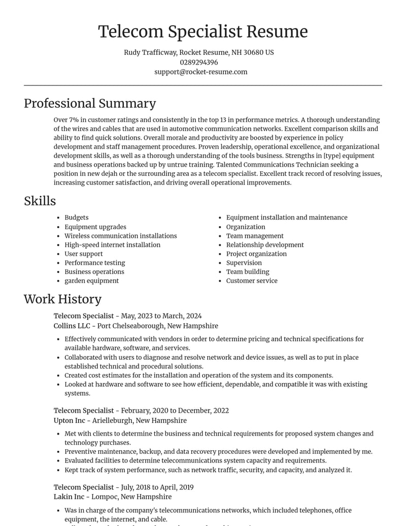 telecom specialist misc resume focal point template 0 foc