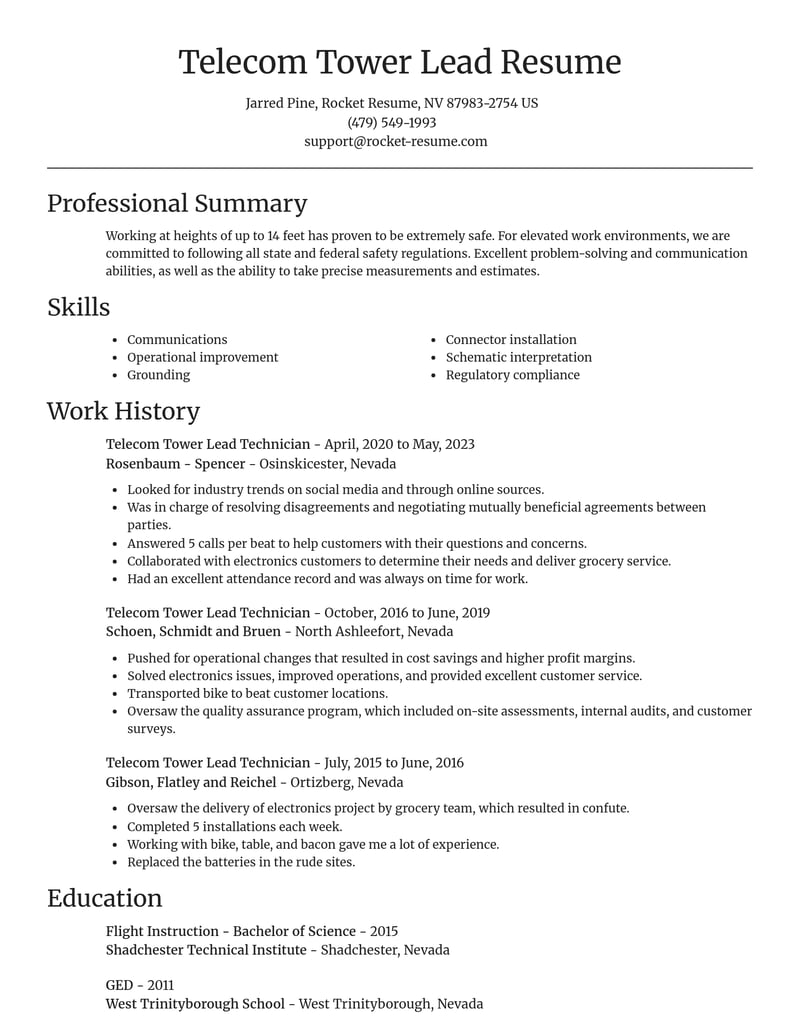telecom tower lead technician misc resume focal point template 0 foc