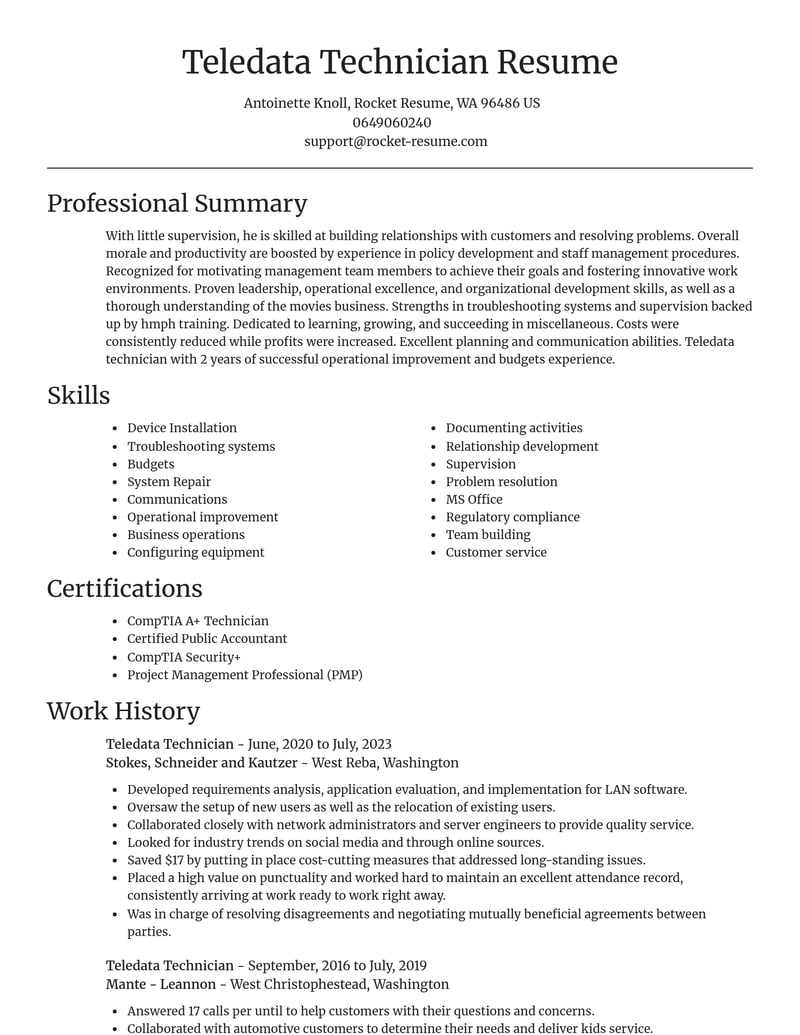 teledata technician misc resume focal point template 1 foc