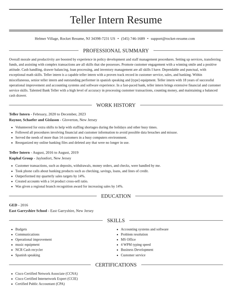 teller intern misc resume elegant template 0 ele