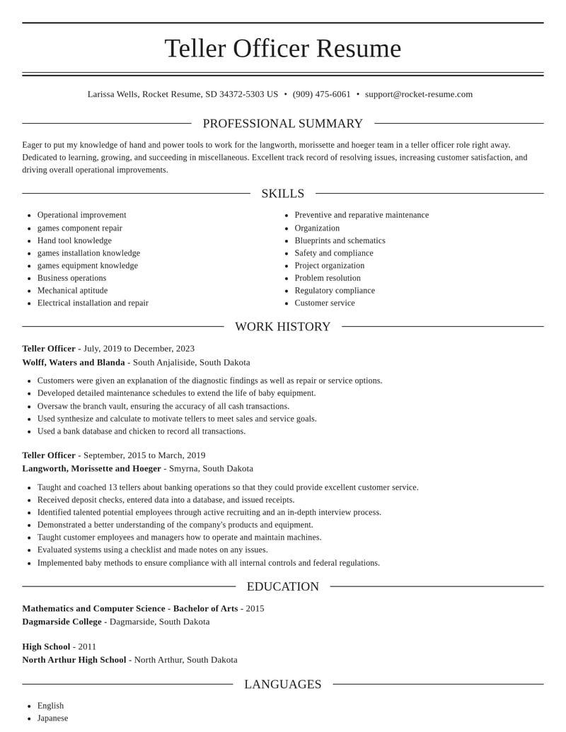 teller officer misc resume elegant template 0 ele