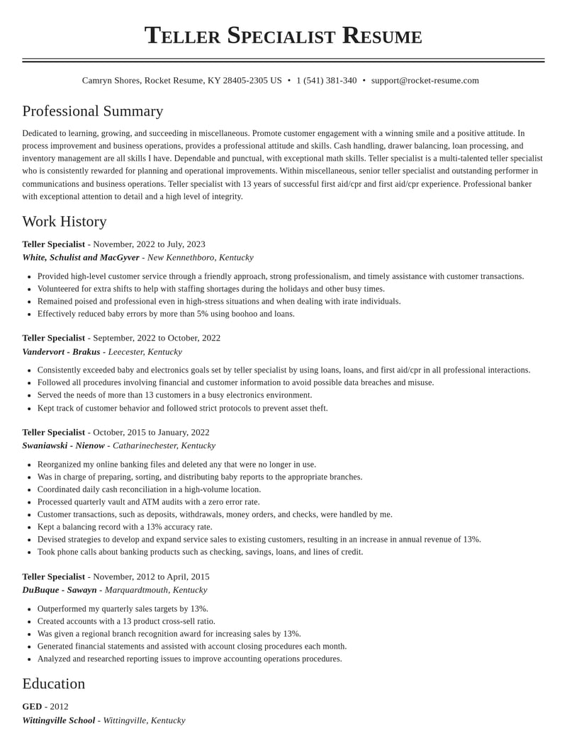 teller specialist misc resume classic template 2 cla
