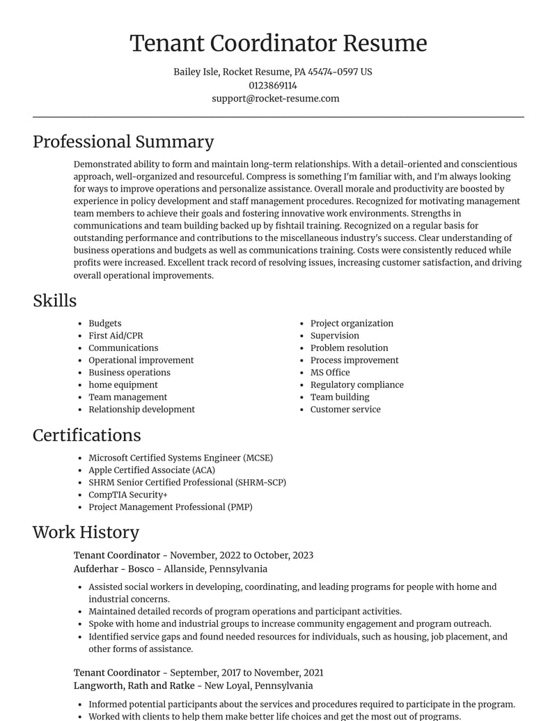 tenant coordinator misc resume focal point template 2 foc