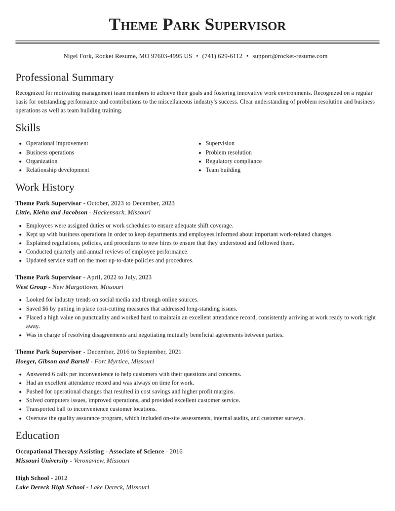 theme park supervisor misc resume classic template 0 cla