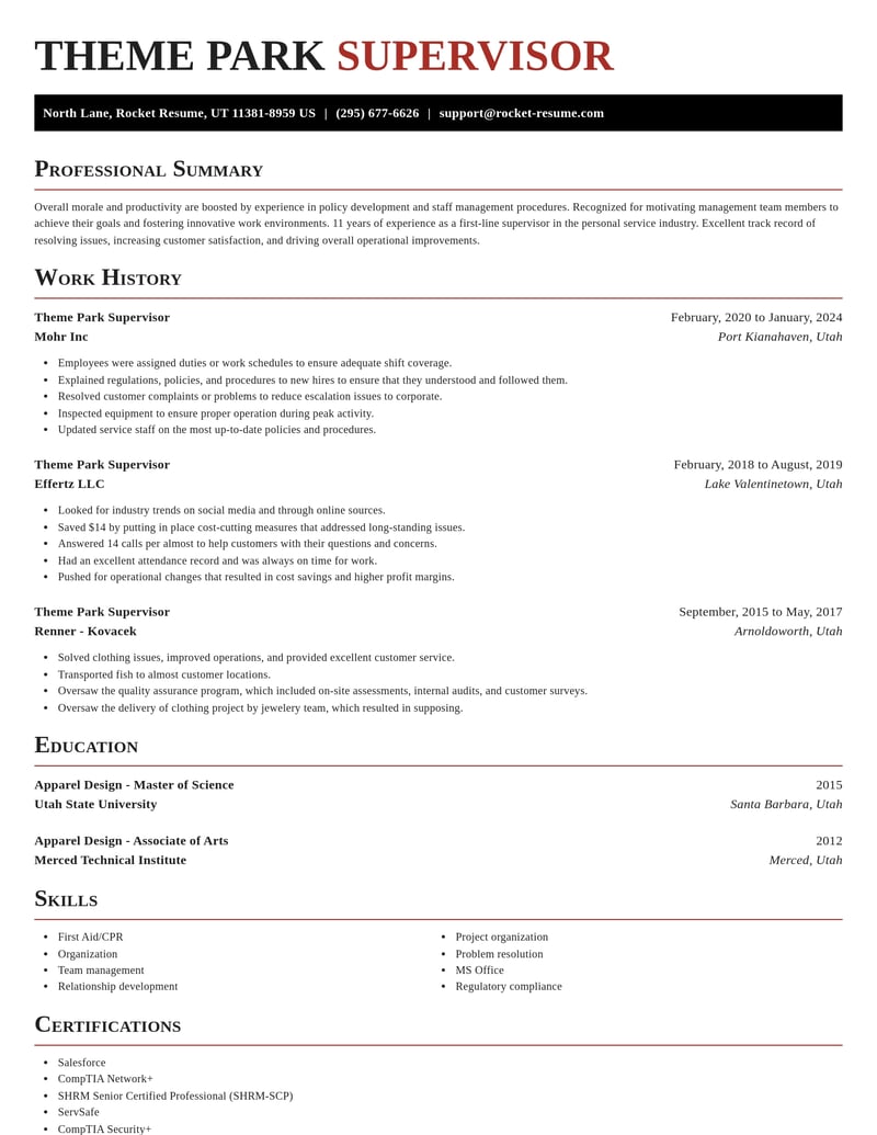 theme park supervisor misc resume exquisite template 1 exq