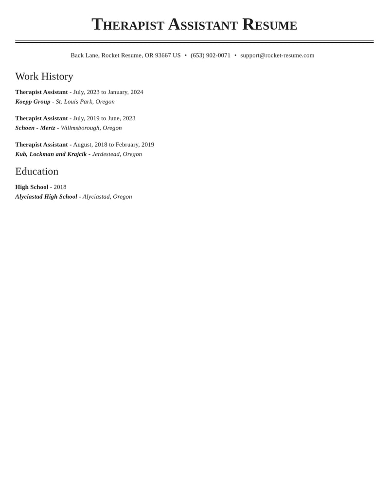therapist assistant misc resume classic template 0 cla