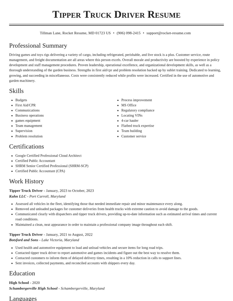 tipper truck driver misc resume classic template 2 cla