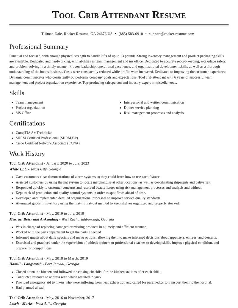tool crib attendant misc resume classic template 1 cla