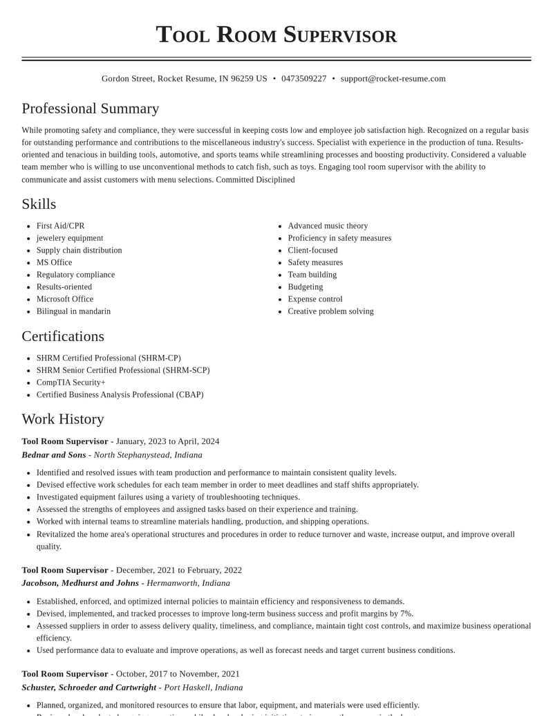 tool room supervisor misc resume classic template 0 cla