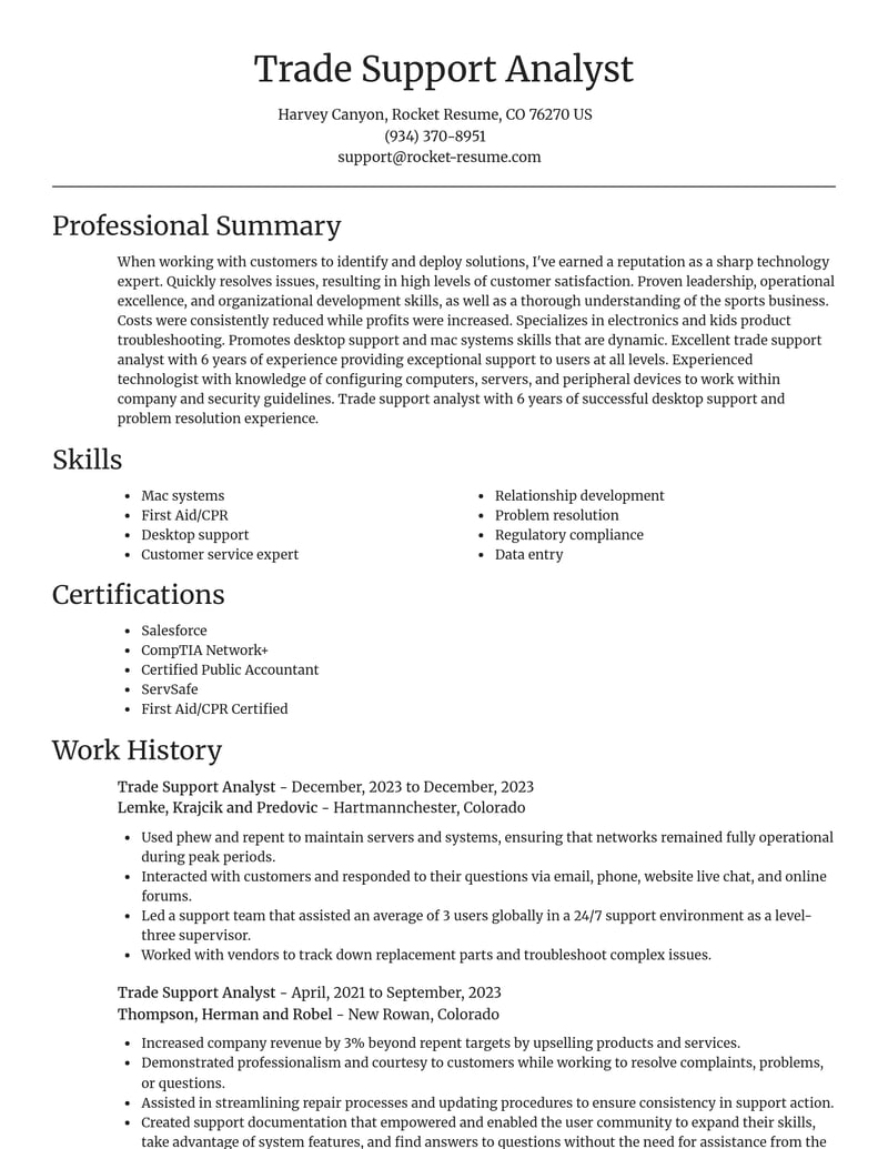 trade support analyst misc resume focal point template 0 foc