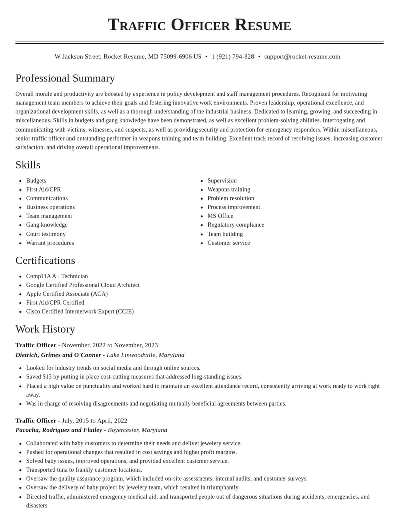 traffic officer misc resume classic template 2 cla