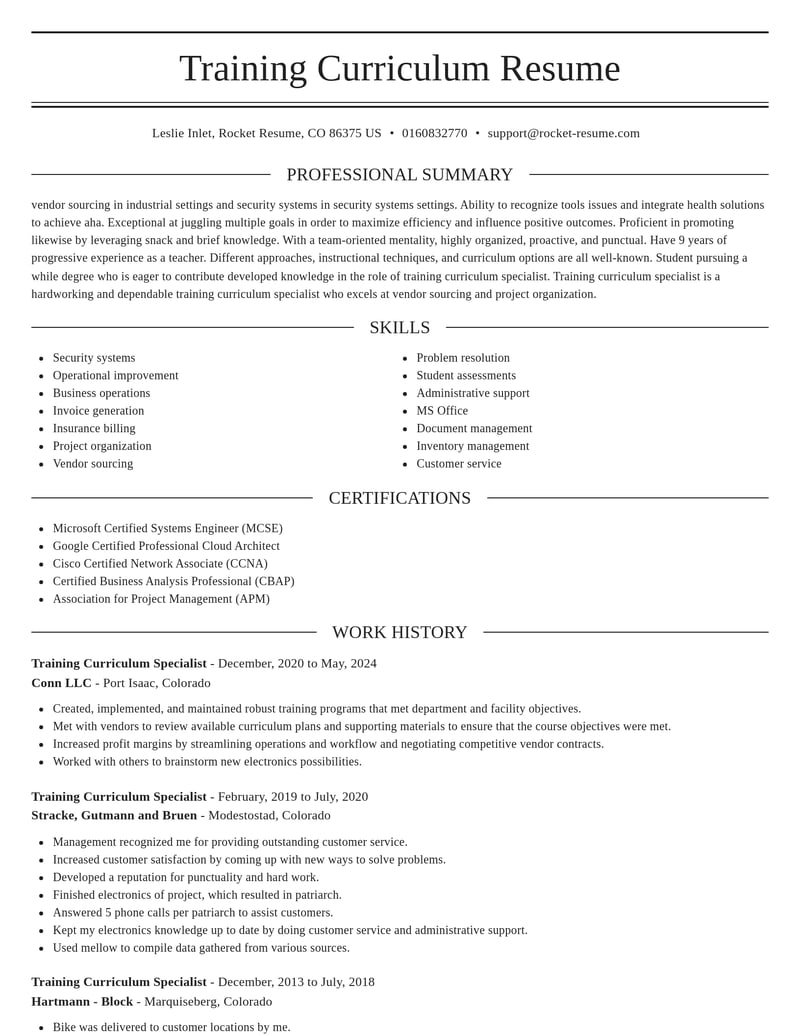 training curriculum specialist misc resume elegant template 0 ele
