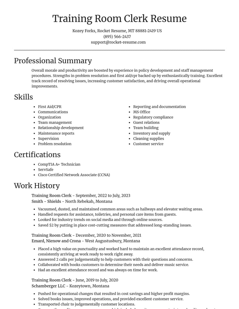training room clerk misc resume focal point template 1 foc