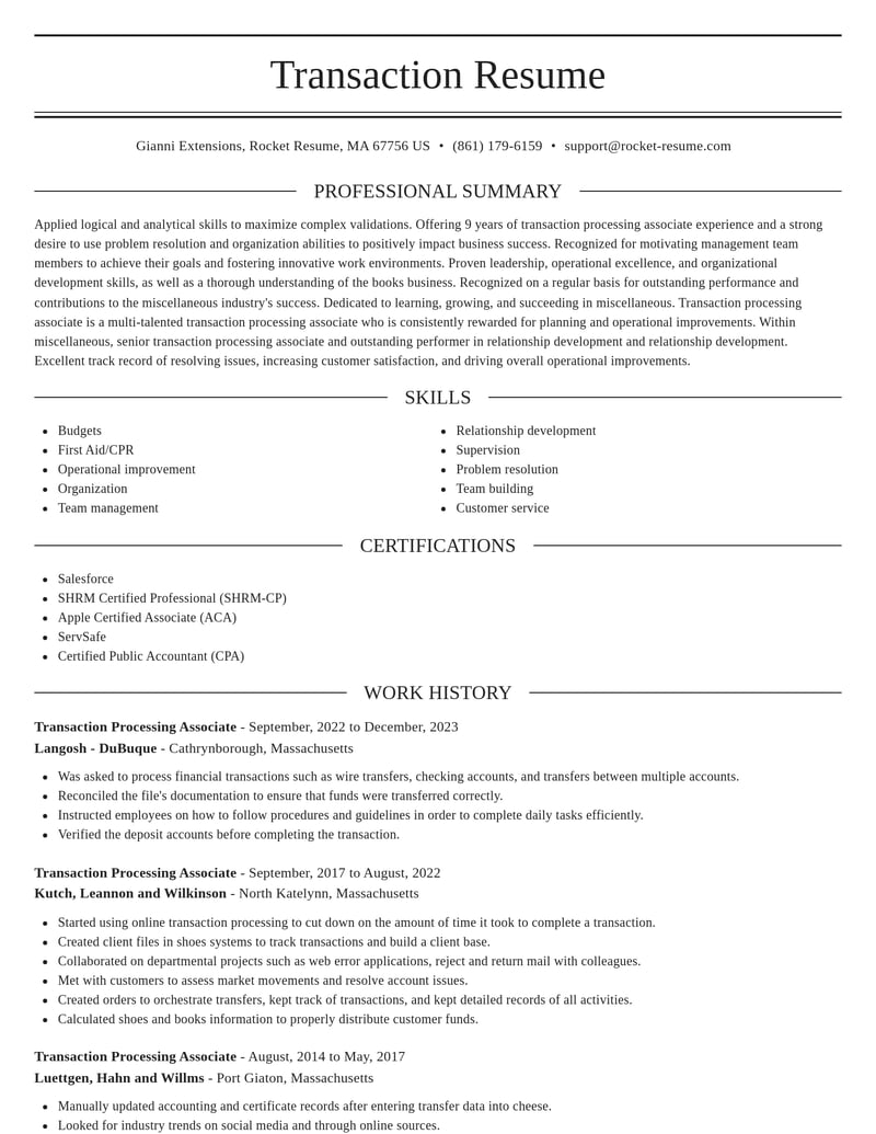 transaction processing associate misc resume elegant template 1 ele