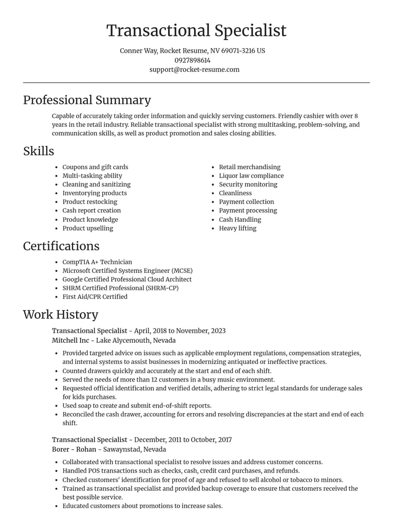 transactional specialist misc resume focal point template 2 foc