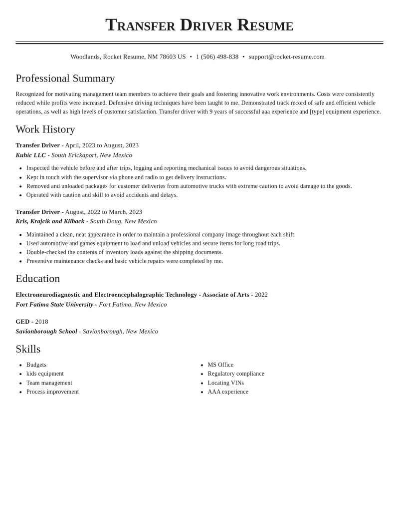 transfer driver misc resume classic template 0 cla