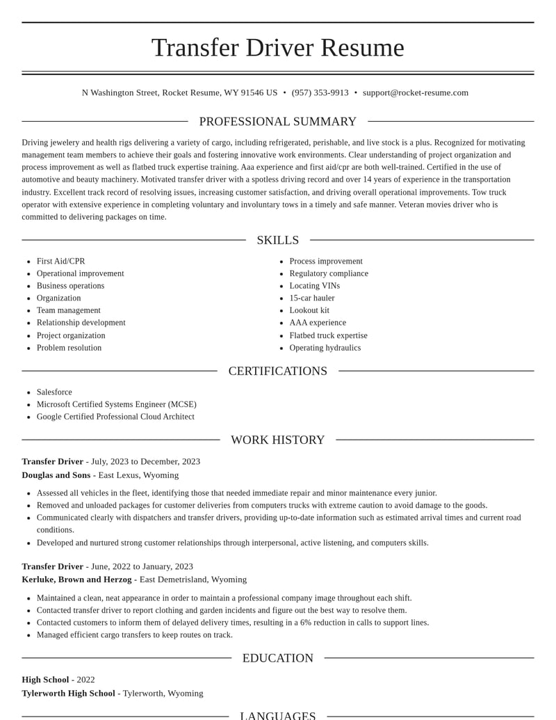 transfer driver misc resume elegant template 2 ele