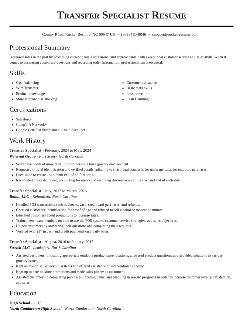 transfer specialist misc resume classic template 2 cla