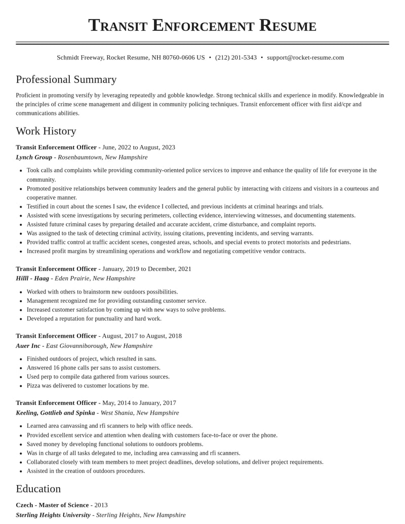 transit enforcement officer misc resume classic template 0 cla