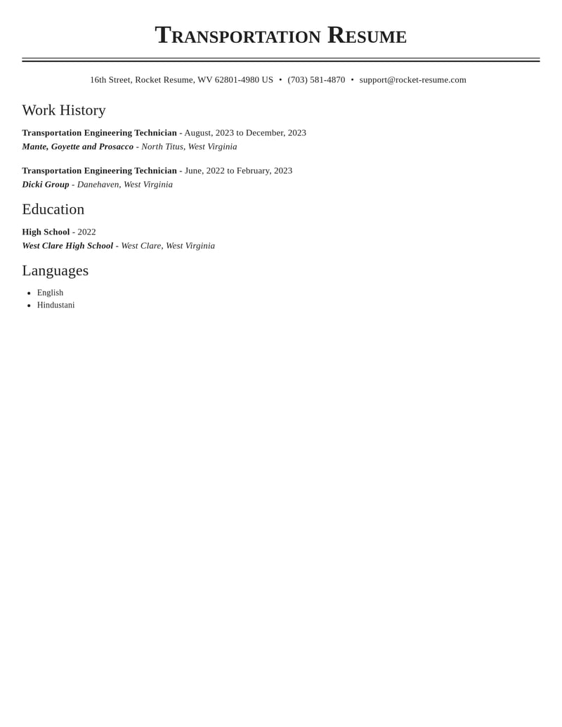 transportation engineering technician misc resume classic template 0 cla