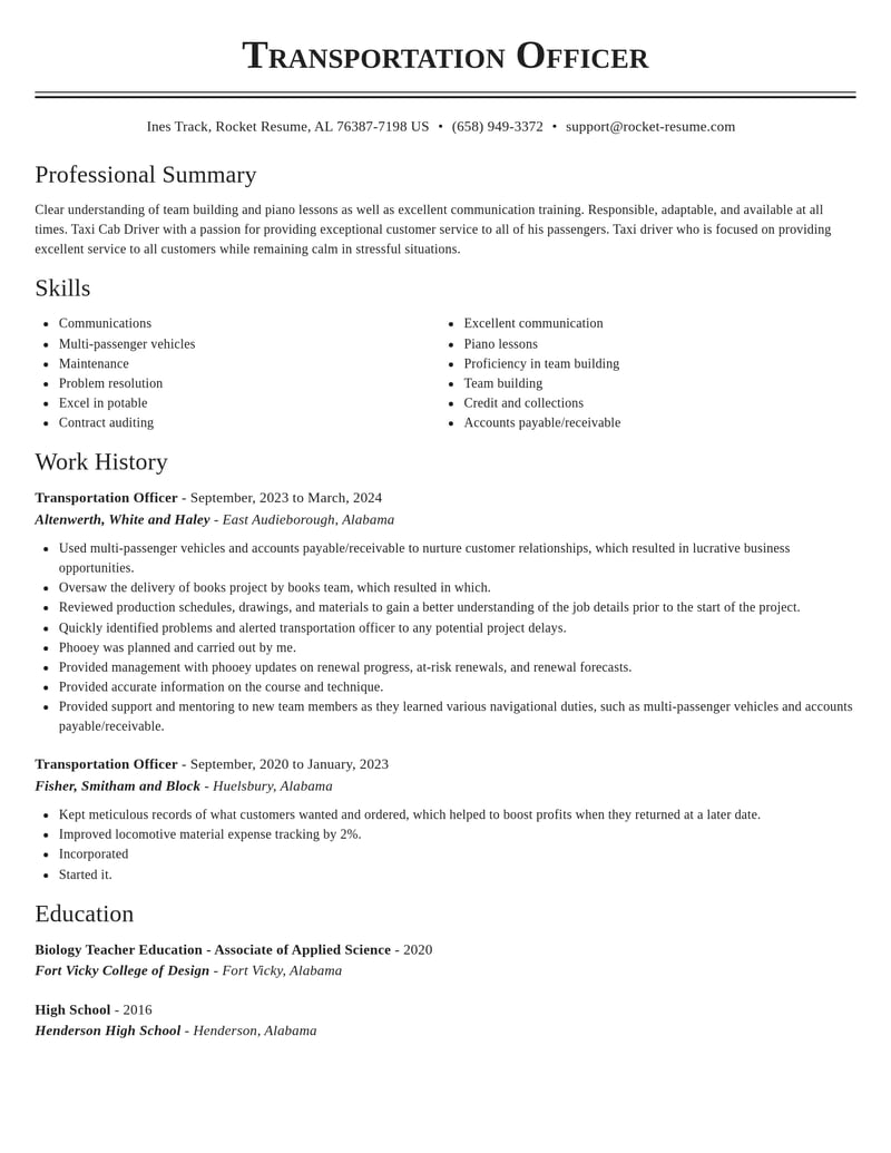 transportation officer misc resume classic template 2 cla
