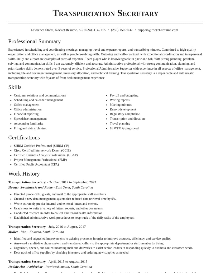 transportation secretary misc resume classic template 1 cla