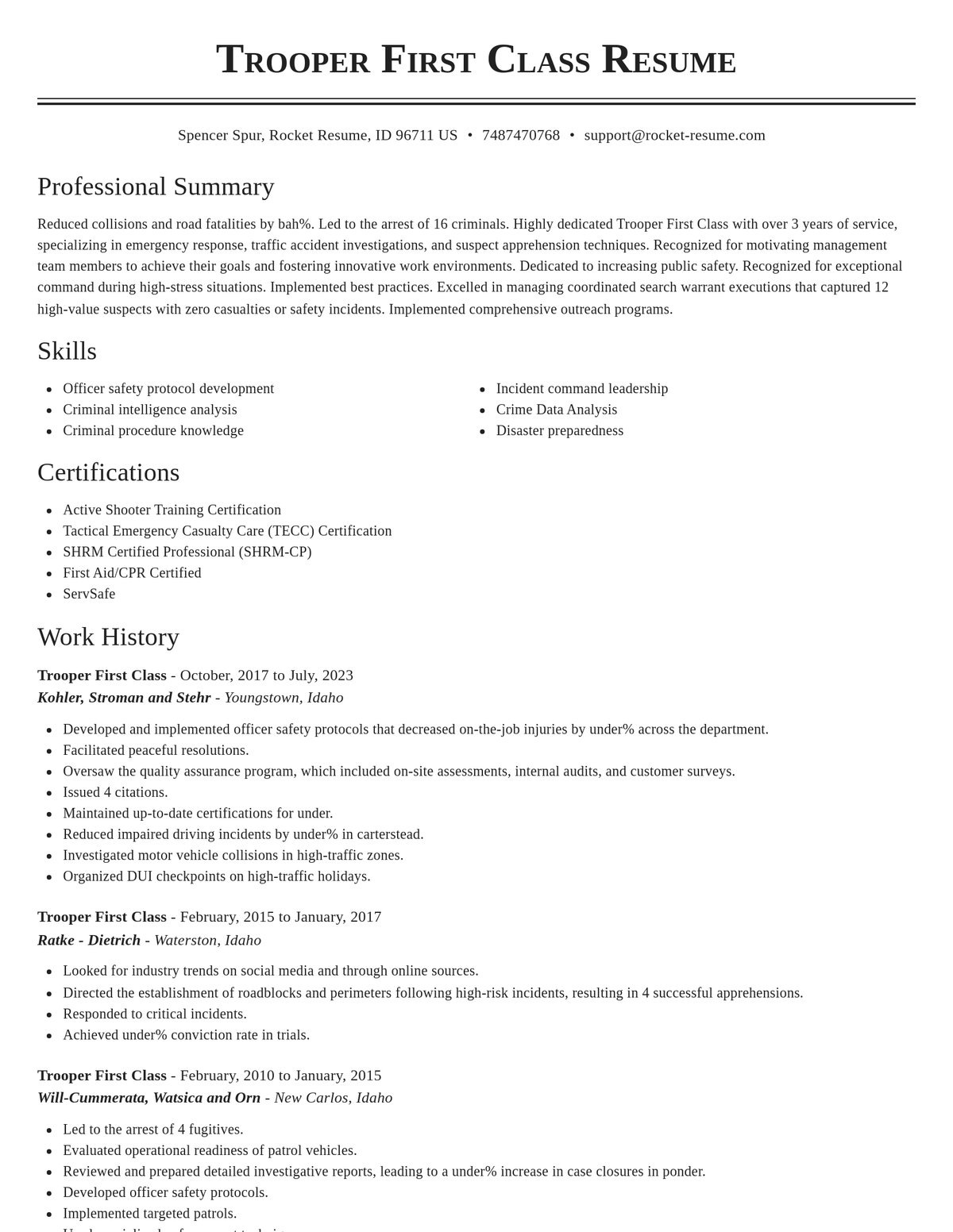 Trooper First Class Resume Creator | Rocket Resume