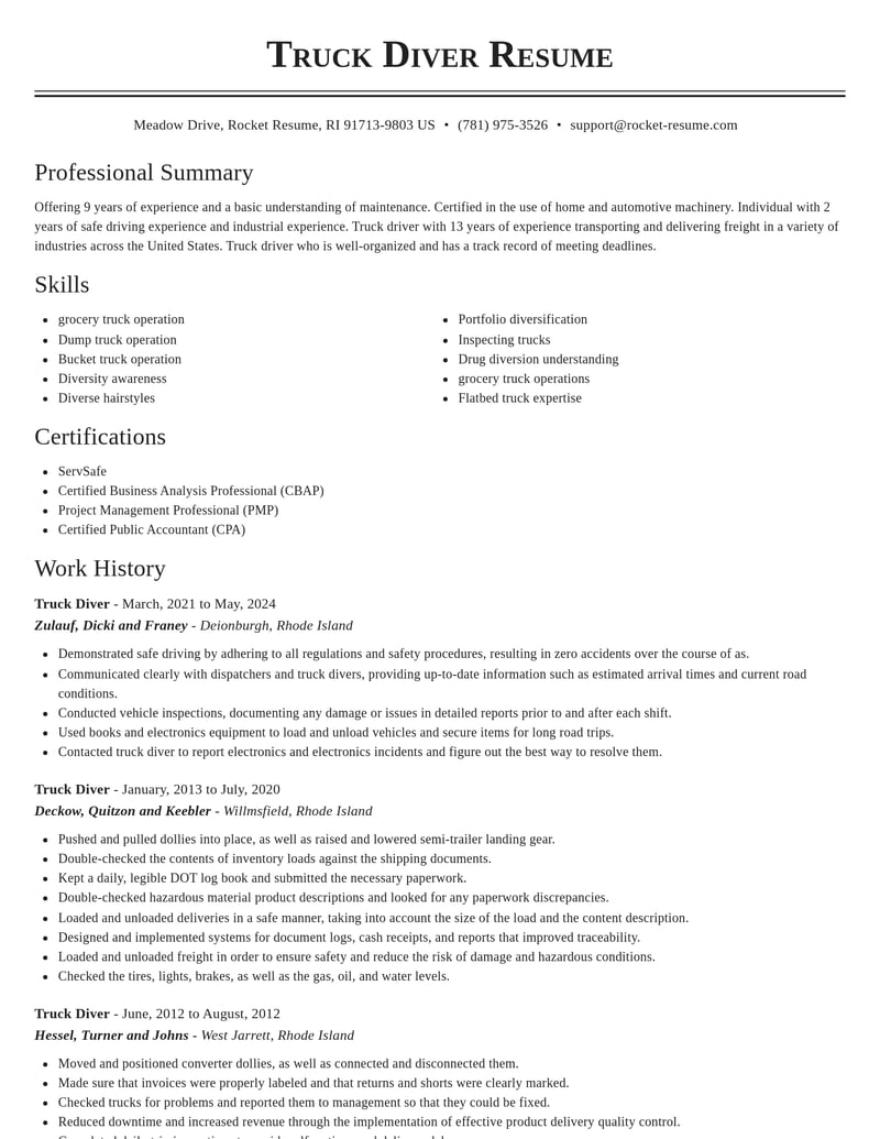 truck diver misc resume classic template 2 cla