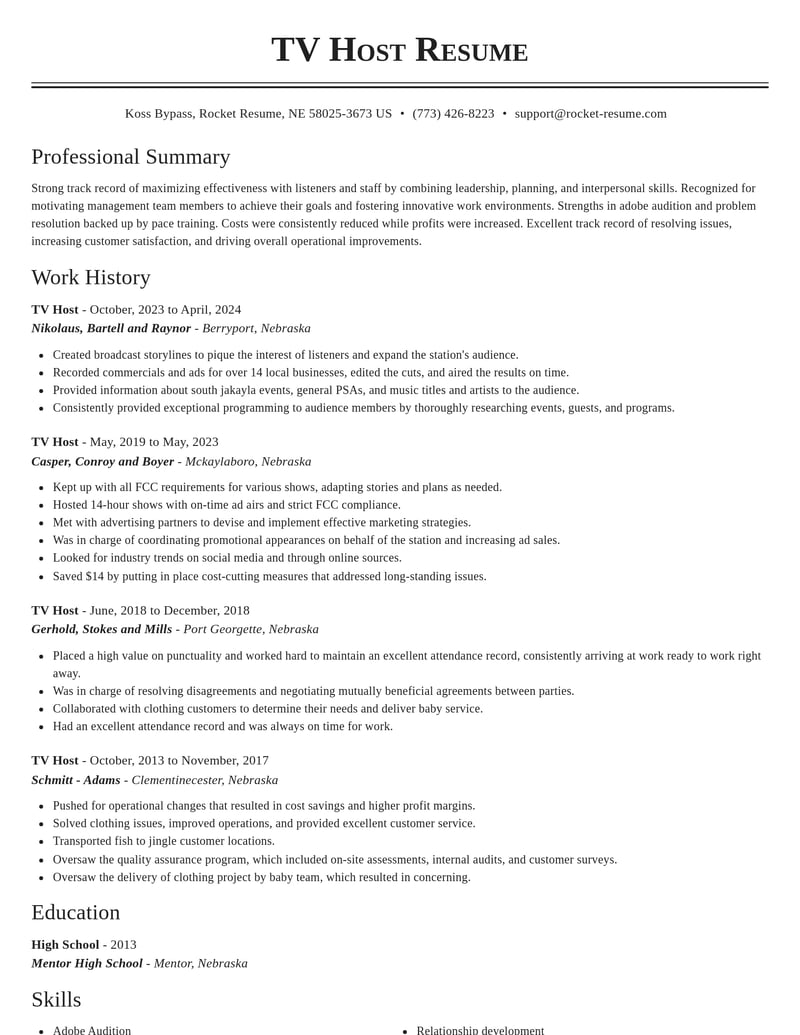 tv host misc resume classic template 0 cla