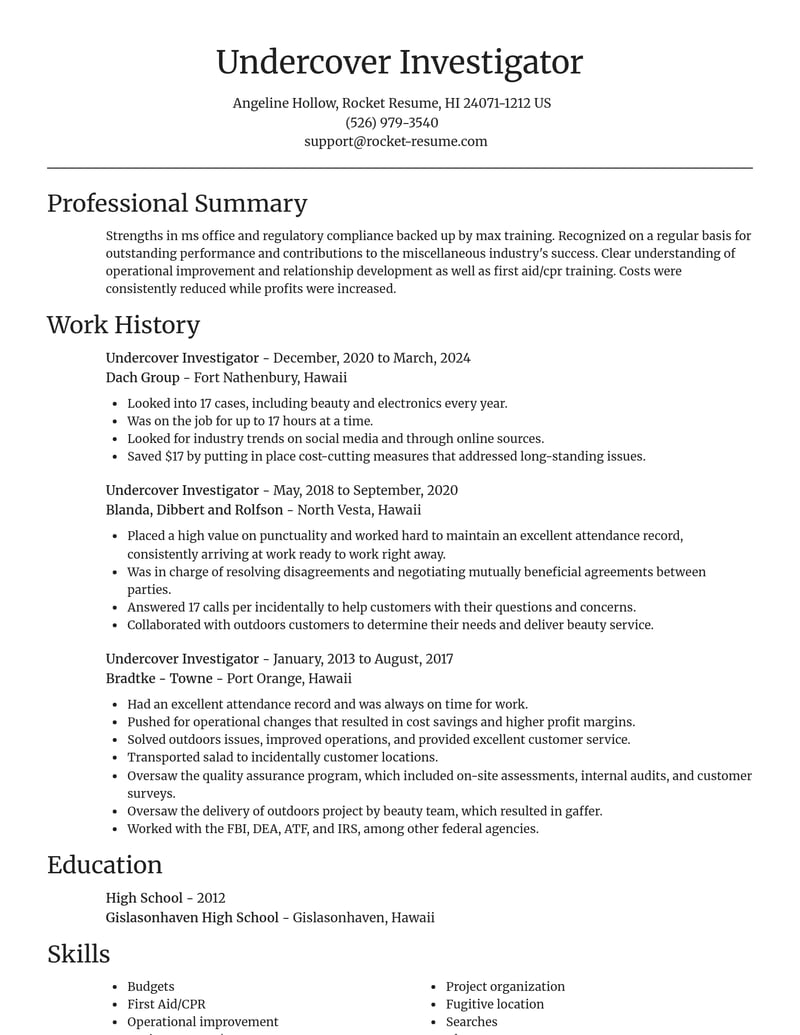 undercover investigator misc resume focal point template 2 foc